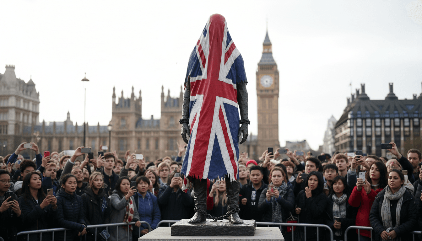Banksy unveils new sculpture in London critiquing political blindness