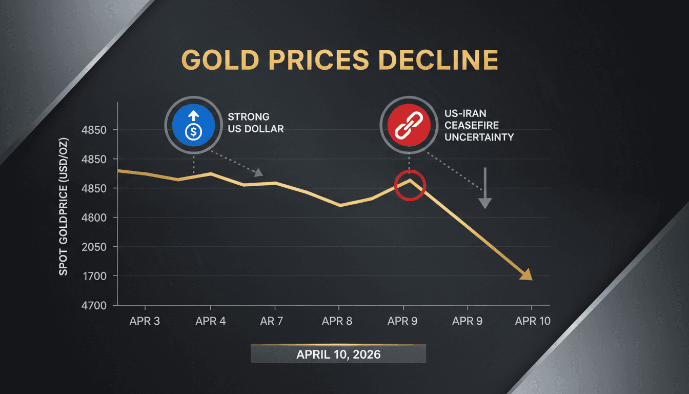 Spot Gold Prices Decline Amid Strong Dollar and US-Iran Ceasefire Uncertainty
